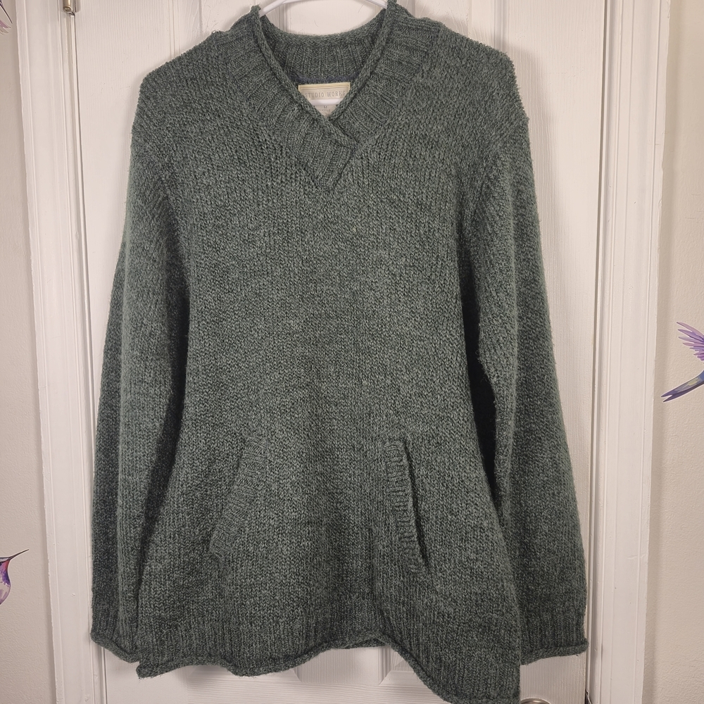 Studio Works XL Green Marl Knit V-Neck Sweater Kangaroo Pockets Granola Gorpcore